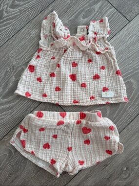 7 For All Mankind Pink & Red Heart Muslin Top and Shorts Set